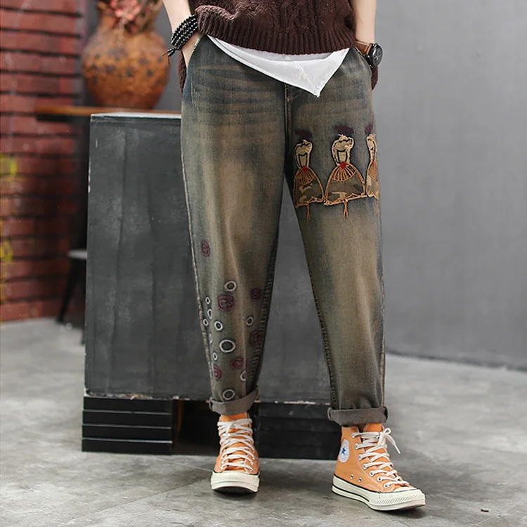 

Autumn Jeans Women Retro Elastic Waist Loose Casual Denim Trousers 2019 New Ladies Embroidery Patchwork Vintage Trousers