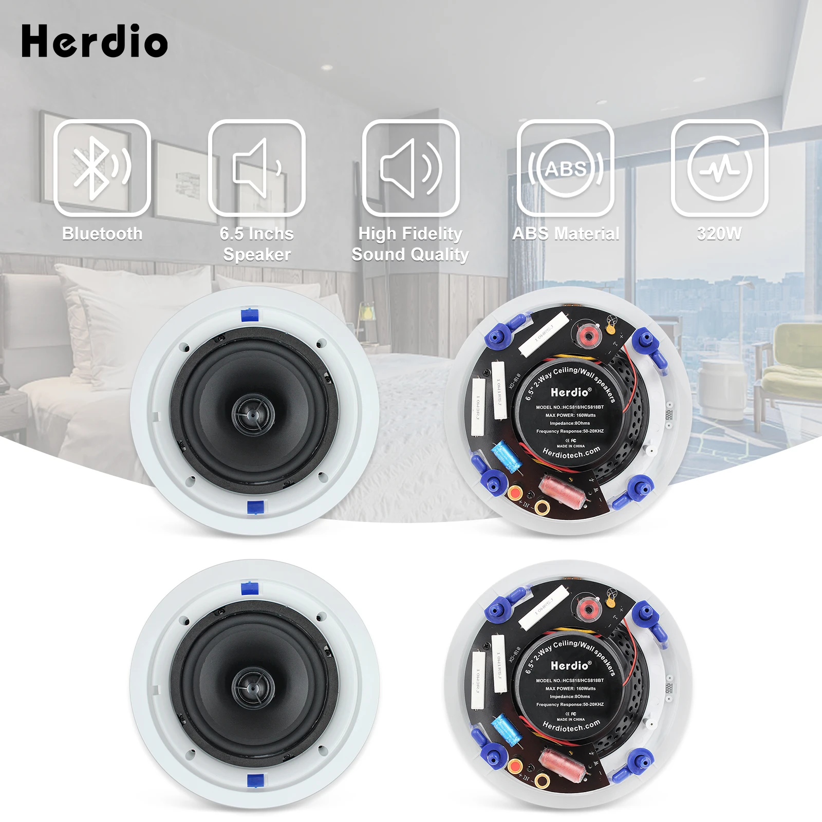 Herdio 4pcs 6.5'' 640 Watts 2-Way wireless Bluetooth Ceiling Speakers Package For Home Theater System Living Room Flush Mount