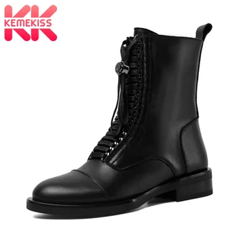 

KemeKiss Women Fashion Real Leather Ankle Boots Round Toe Square Heel Zipper Cross strap New Outdoor Ladies Footwear Size 34-42