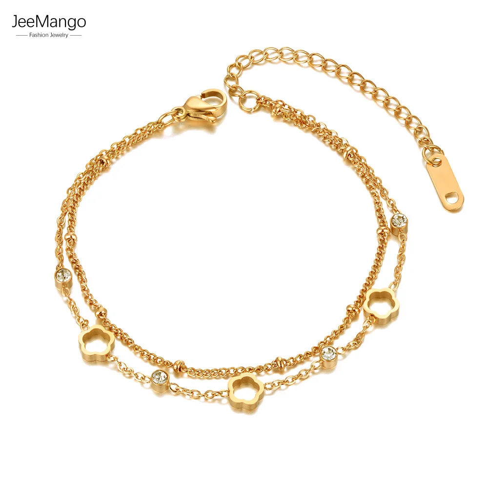 Bohemia Stainless Steel Double-layer Charm Bracelets Trendy CZ Crystal Flower Chain Jewelry For Women Браслет JB21025 chain bracelet charm bracelet stainless steel bracelets stainless steel jewelry crystal bracelet cubic zirconia bracelet