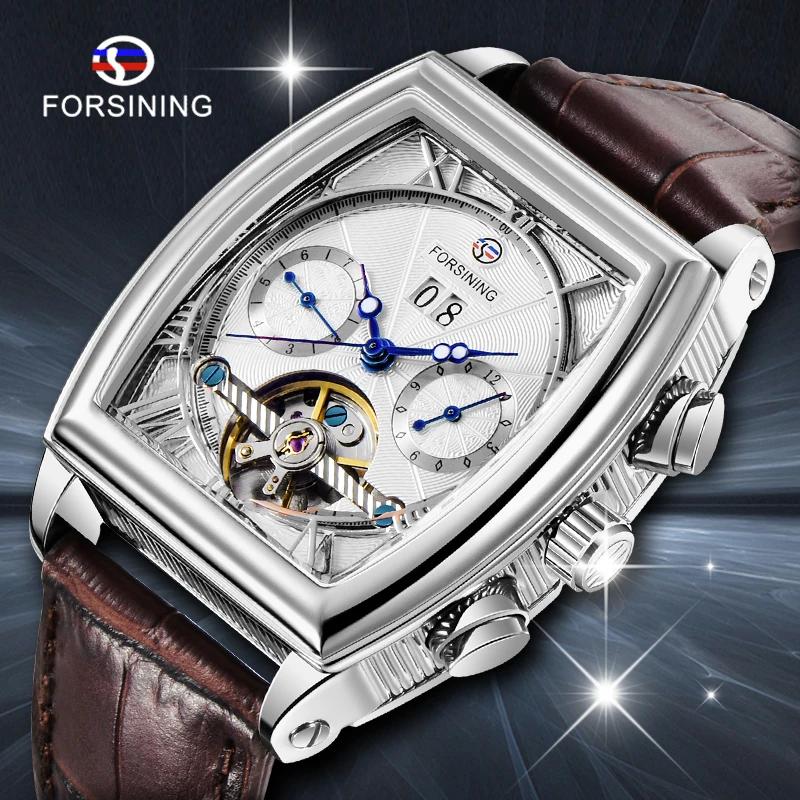 

Top Brand Luxury FORSINING Men Automatic Military Watch Tourbillion Watch Brown Leather Strap Luminous Calendar Display Watch