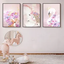 Fox cisne blanco flores fotos en la pared arte caballo Rosa niña Poster para guardería lienzo impreso de pintura de la princesa decoración de la habitación(China)