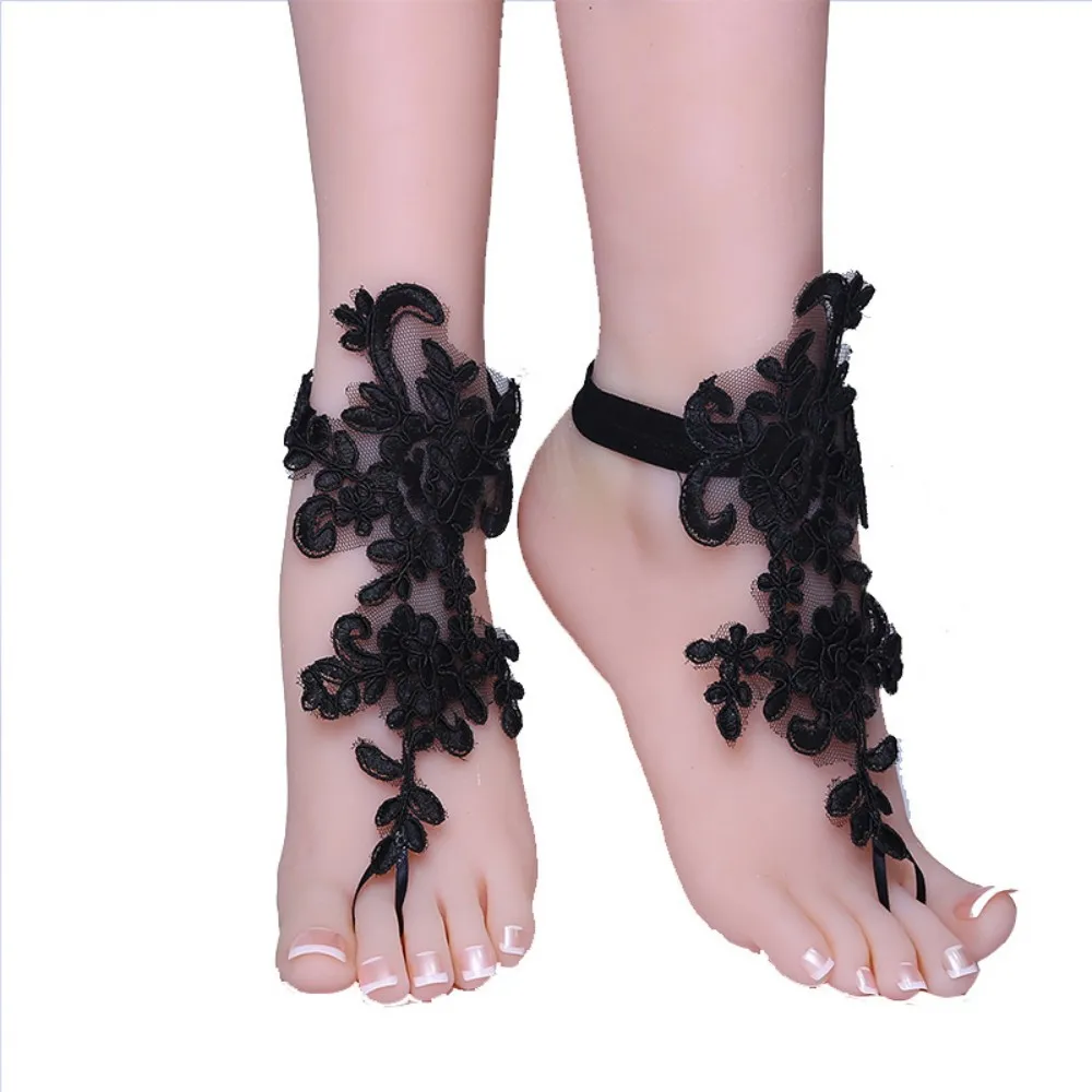 

Black Lace Woman Bridal Anklets Wedding Barefoot Sandals Shoes Beach Foot Sunbathing 2020