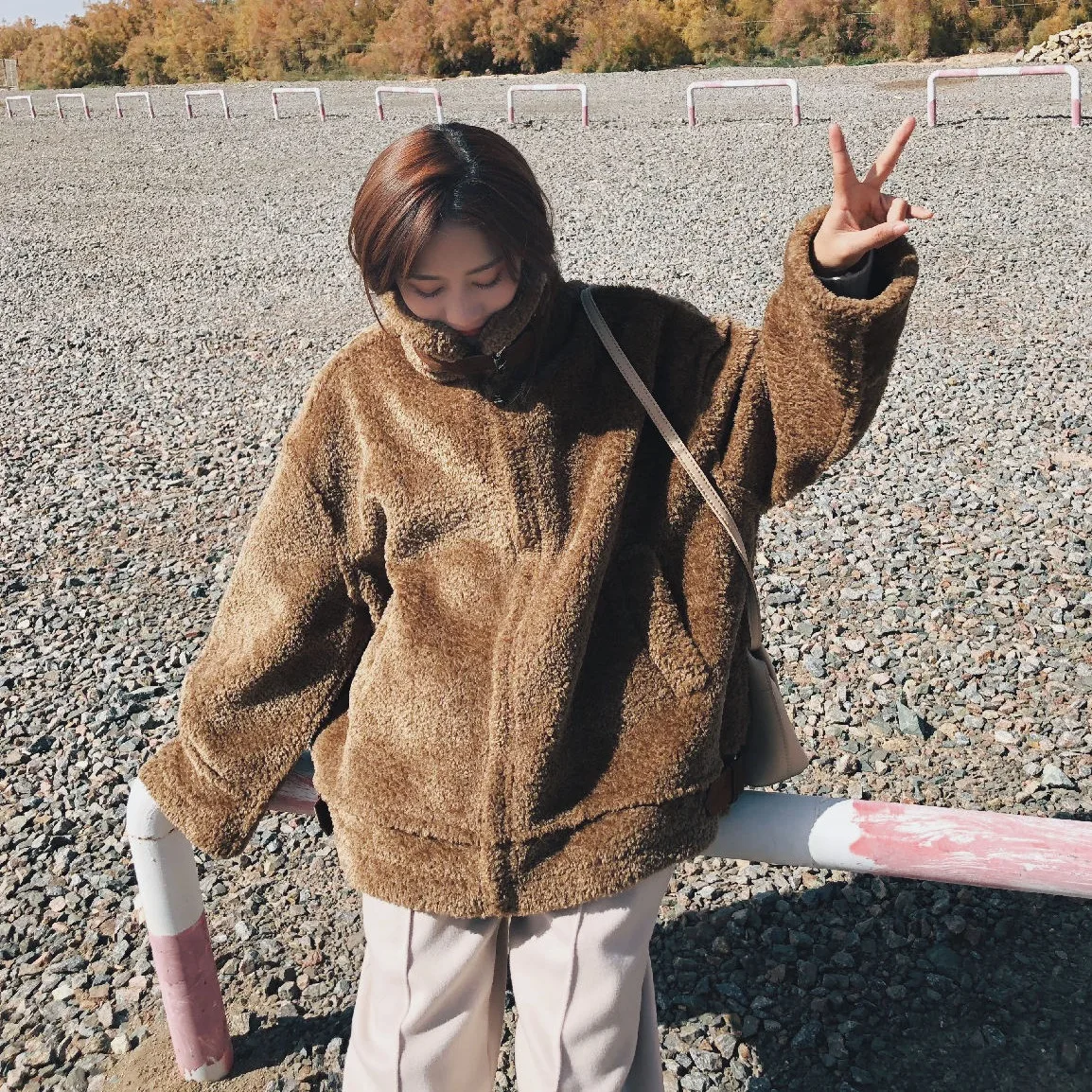 

Photo Shoot INS Sweet Off-white College Style Fold-down Collar Loose-Fit Versatile Lambs Wool Thick Cotton-padded Clothes Croppe