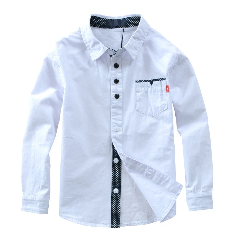 Лидер продаж, низкая цена, повседневные рубашки для мальчиков хлопковая блузка для мальчиков однотонные Camisa Infantil с карманами для От 3 до 14 лет, белые студенческие Рубашки, Топы - Цвет: Белый