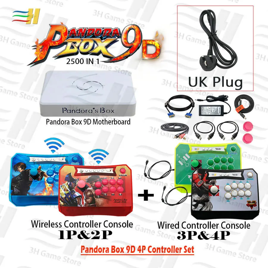 Pandora Box 9D 4 игрока контроллер Набор беспроводной 1P& 2P и проводной 3P& 4 P бой аркадная палка консоль 2500 В 1 есть 3d игры tekken - Цвет: 4P BlueRedSfGreen UK