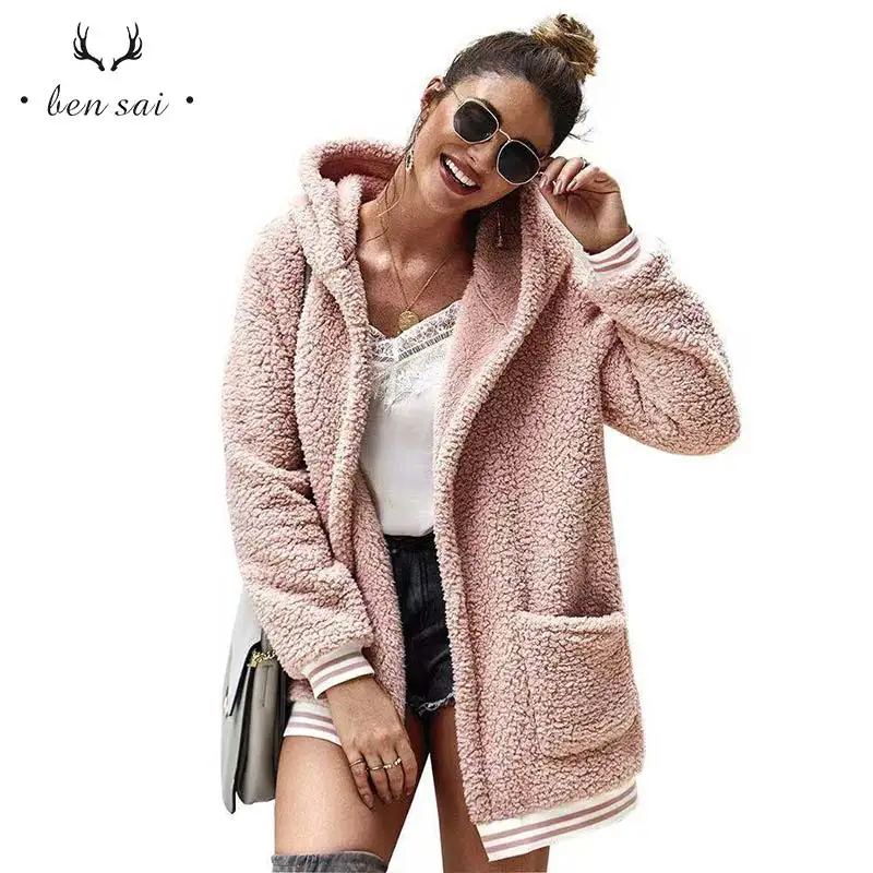 

New Solid Hoodies Coat Women Autumn Winter Loose Warm Outwear Female Casual Jumper Ladies Loose Blend Coat Faux Fur Ladies