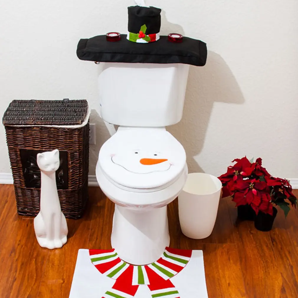 

NEW Christmas Decoration For Home Santa Toilet 3pcs/lot Seat Cover & Rug Bathroom Se Santa Claus Christmas Ornament