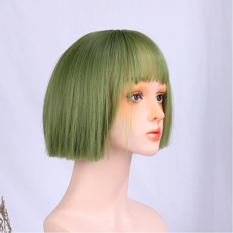 

JINKAILI Synthetic 12inch Straight Short Bob Wigs Bangs Green Anime Cosplay Wig Female Daily False Hair