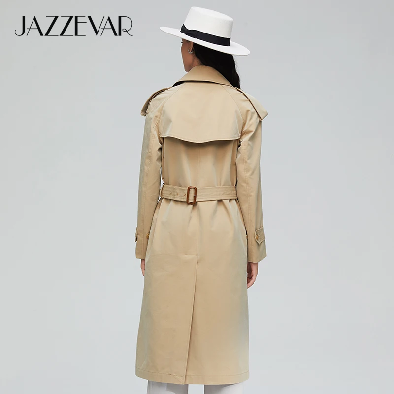 JAZZEVAR, Новое поступление, Осенний Тренч цвета хаки, женское повседневное модное хлопковое длинное пальто с поясом высокого качества для женщин 9004-1