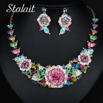 

New Fashion Flower Leaf Wedding Bridal Prom Full Rhinestone Necklace Earrings Jewelry Sets For Women Birthday Gifts