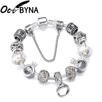 

Octbyna Classic Brand Bracelets /Bangles DIY Crystal Crown Pendant Charm Bracelet For Women Lover Romantic Jewelry Gifts