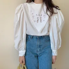 

Blouse Spring And Autumn New Style Korean Fashion French Palace Style Niche Embroidery Detachable Collar Loose Puff Sleeve Shirt