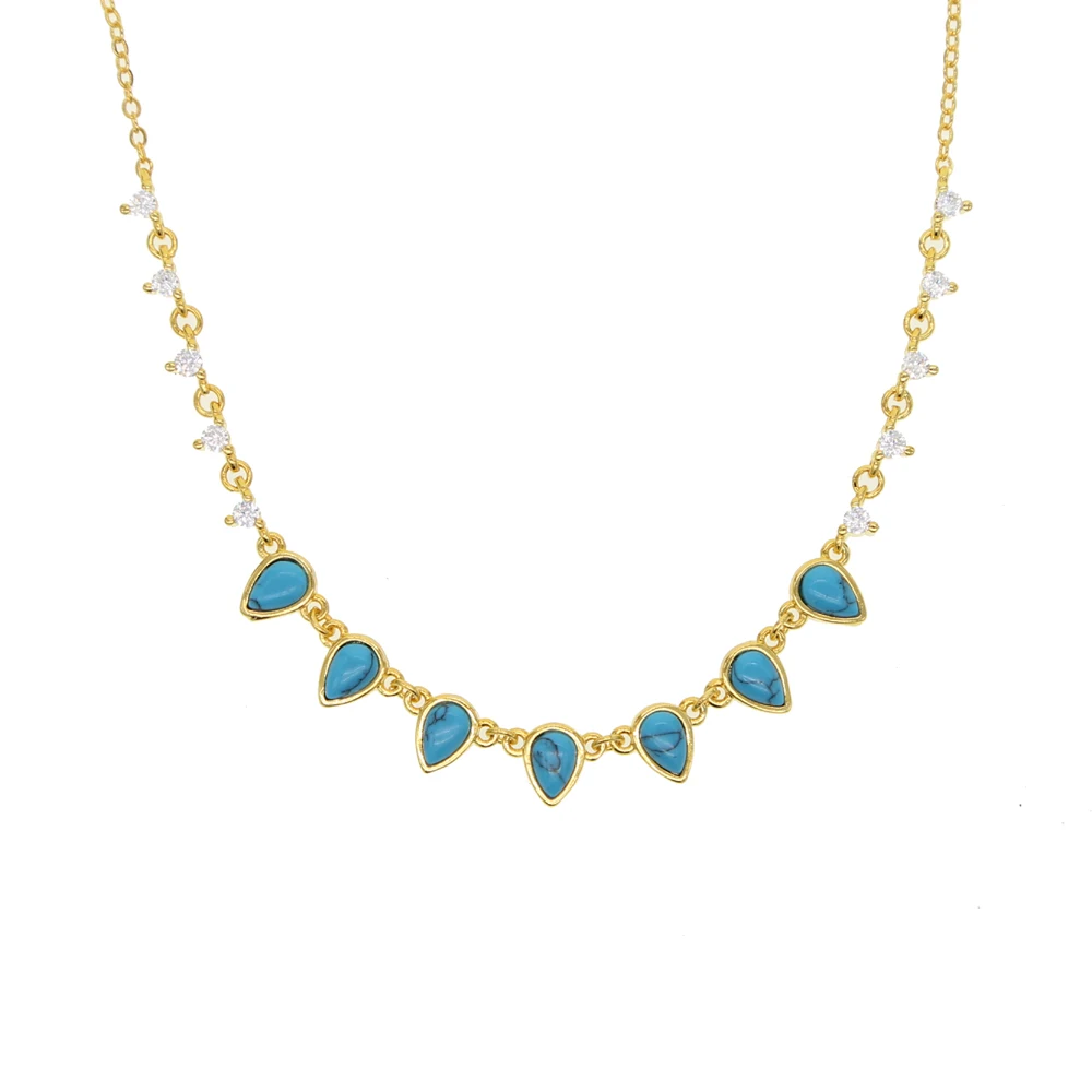 

New fashion trendy choker jewelry tear drop blue opal cz station statement DIY multi layer gold color necklace gift for women