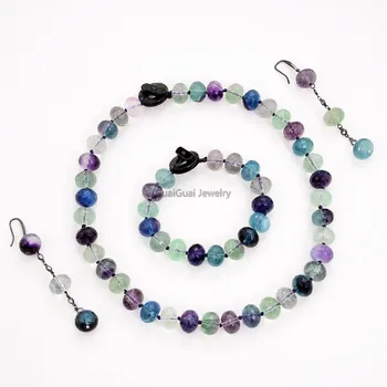 

GuaiGuai Jewelry Natural Green Purple Faceted Rondelle Fluorite Gems Stone Necklace Bracelet Earrings Sets