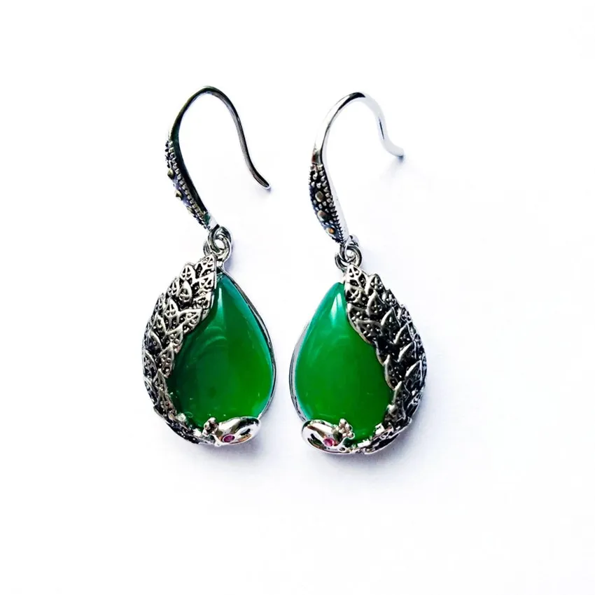 

Vintage Style Silver Plated Water Drop Green Agates Dangle Earrings for Women Charm Jewelry