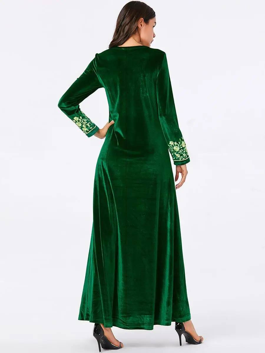 Дубайский мусульманский Женский Бархат abaya вышивка длинное обтягивающее платье кафтан Повседневная jilbaw Исламская одежда платье арабский халат Мода Новинка