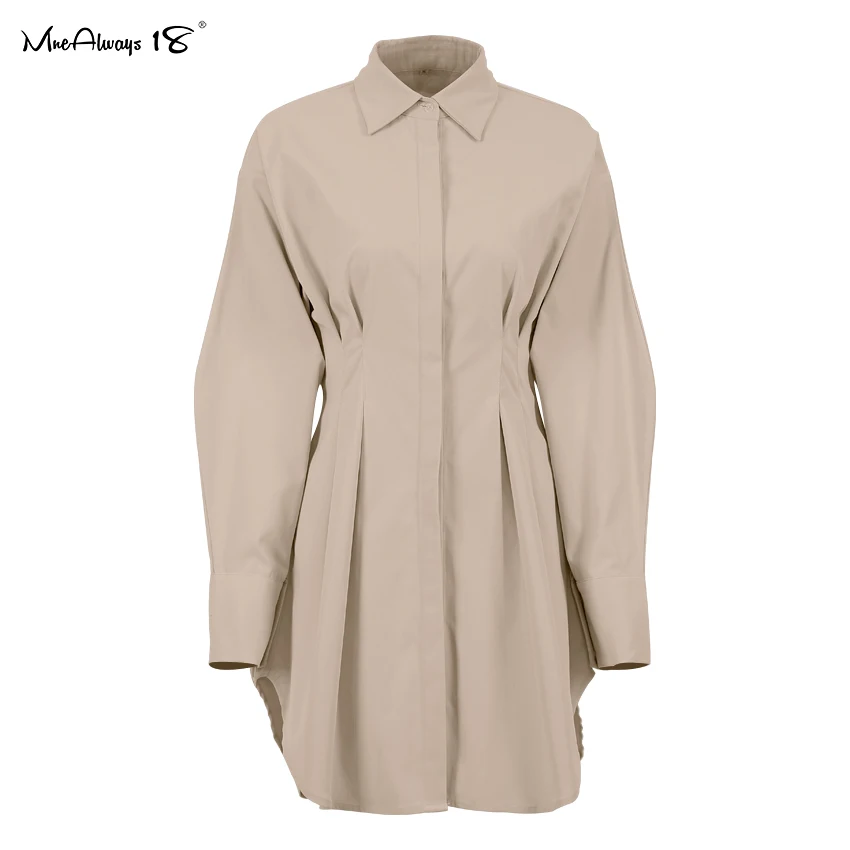 Mnealways18 Spring Summer Bodycon Dress Women Khaki Long Sleeve Pleated Shirt Dress Office Ladies Solid Lapel Casual Mini Dresss zara dresses