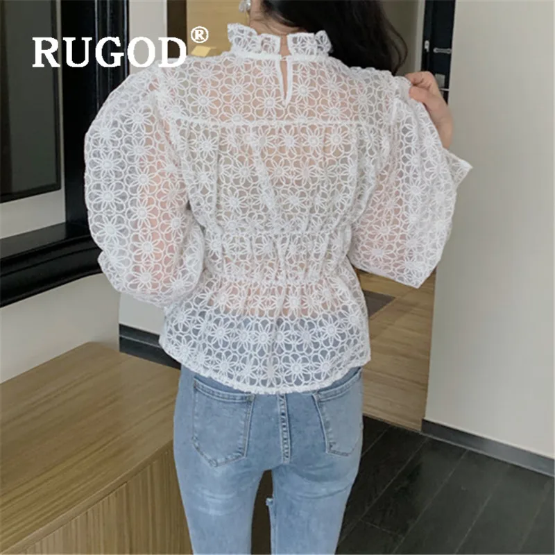 RUGOD, Весенняя кружевная блузка, женские блузки с длинным рукавом, элегантная Прозрачная сетка, сексуальный топ, корейская мода, одежда с пышными рукавами, рубашка