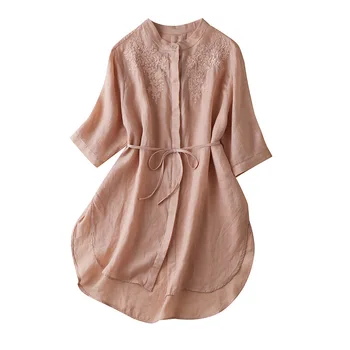 

Ramie Embroidery Long Shirts Women Vintage Solid O-Neck Woman Blouses and Summer Tops Korean Ladies Tops shirts 2020
