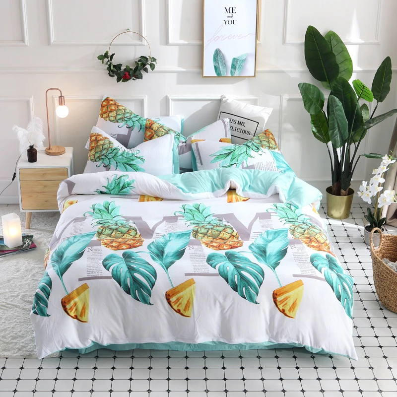 

ANNAs Good Stuff 2019 Fruit Style Pineapple Print Bedding Set White Quilt Cover Solid Color Blue Bedsheet 4pcs King Size Bedding
