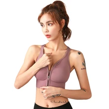 

Front Zipper Fitness Bra Push Up Shockproof Wirefree Nylon Solid Stretch Crop Top Sports Wear For Women Gym Running Workout Yoga
