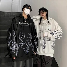 

Autumn Winter Velvet Hoodies Men'S Hooded Sweatshirt Printed Lightning Loose Long Sleeves Unisex Outwear Women Tops Clothing