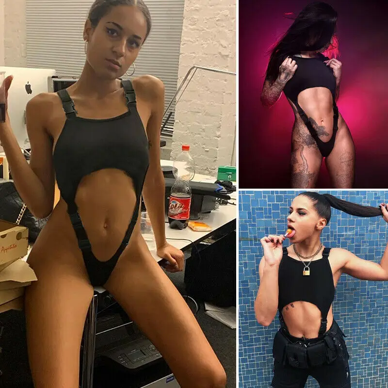 Mono Sexy sin mangas para mujer, Pelele con vendas, leotardo, Tanga, sin mangas, con agujeros, Tops