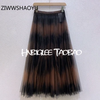 

ZIWWSHAOYU Designer Fashion Women Summer Holiday Mesh Skirt Ladies Silk Lining High Waist Vintage Pleated Skirts