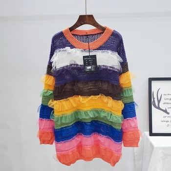 

Women Colorful Striped Sweater Pullover 2020 Autumn Women Splicing Mesh Frills Sweaters Female Loose O-Neck Knitted Sweater H591