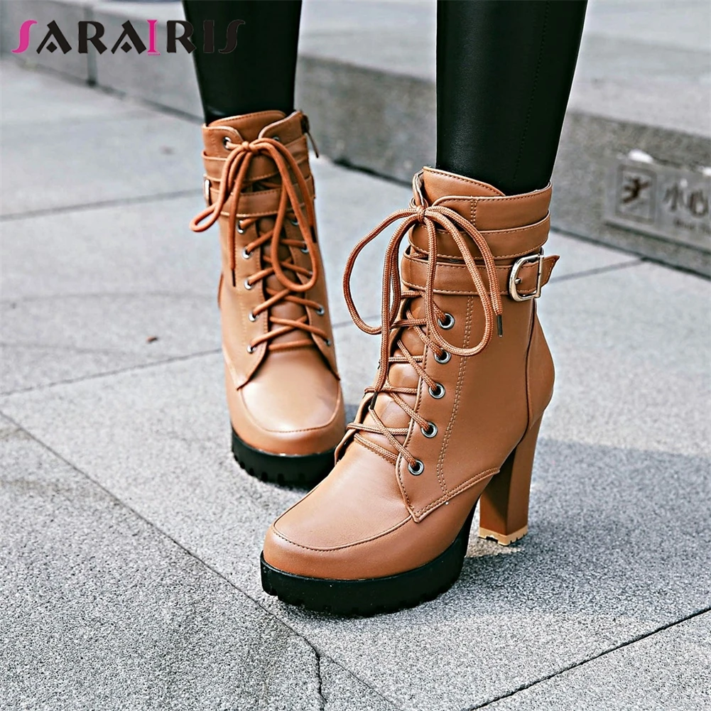 

SARAIRIS New Large Size 34-43 Elegant Ladies Platform Booties Zip Corss Tied Belt Buckle High Heels Boots Women OL Shoes Woman