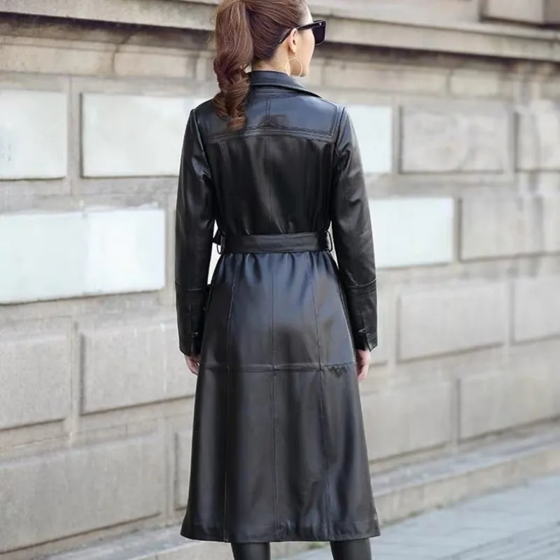 Designer Office Ladies Sashes Long Trench Coat Women Sheepskin Genuine Leather Jacket Belted Slim Fit Windbreaker Outwear | Женская