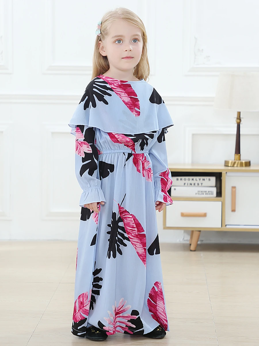 1902#Abaya Modest Fashion Printing With Lapel Little Girls Dress - CHAOMENG MUSLIM SHOP