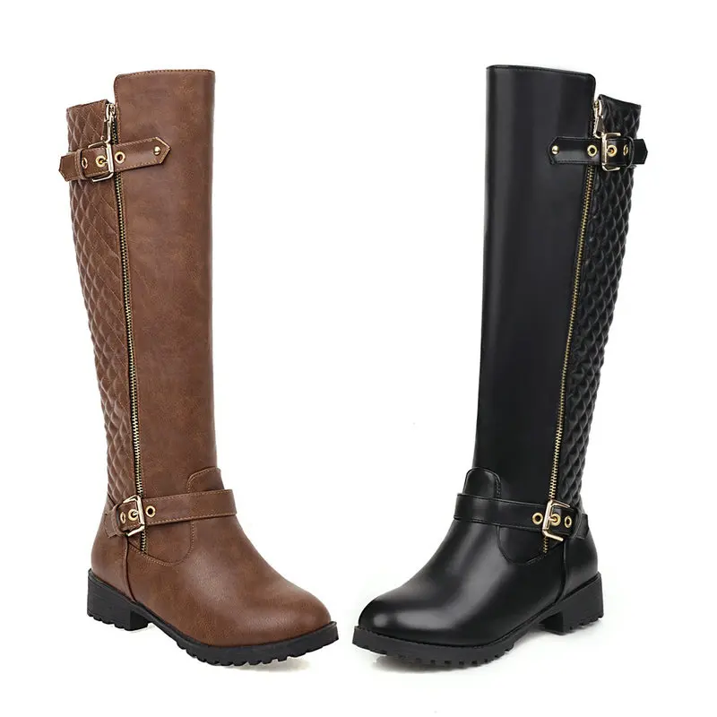 

Lady Autumn Winter Knee Boots Round Toe Non-Slip Low Heel Lady Handsome Knight Boots Belt Buckle Zipper Women Shoes Black Brown