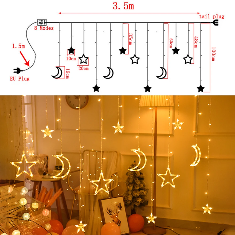 Светодиодный светильник-Гирлянда для занавесок, 2,5 м, штепсельная Вилка для ЕС/США, Рождественская елка/Лось/звезда, сказочный светильник s, уличный светильник для свадебной вечеринки, новогодний декор - Испускаемый цвет: star Moon Warm White