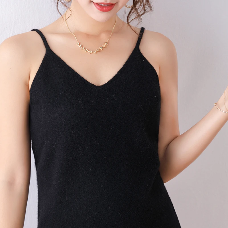 sexy tank top women black wool knitted tanks v-neck high quality basic shirt spring warm short top knitwear sleeveless