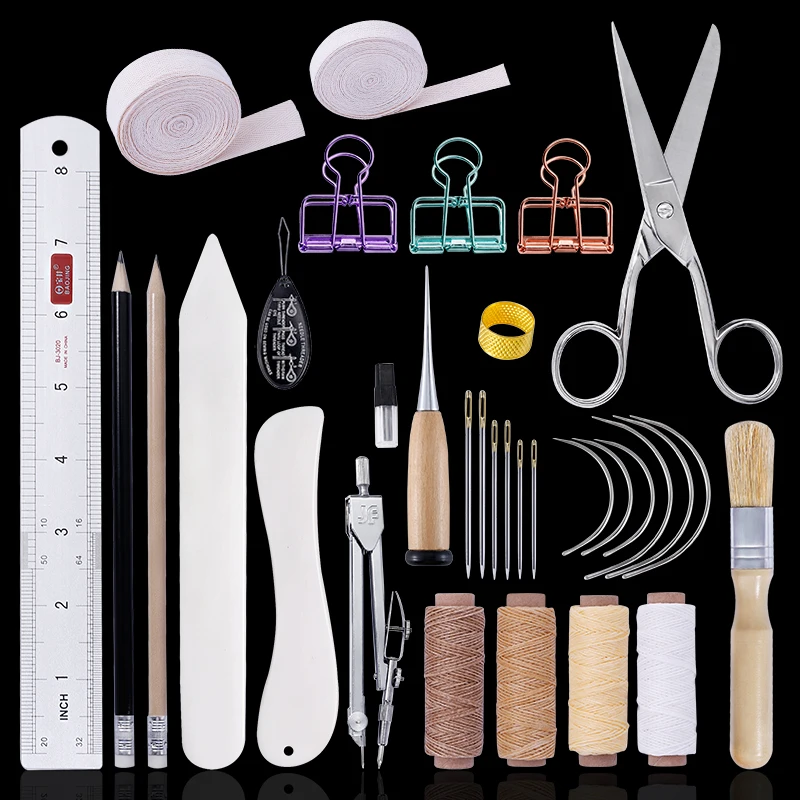 

MIUSIE 32Pcs Bookbinding Leather Stitching Tools Set with Bone Folder Creaser Ruler Needles Waxed Thread for DIY Handmade Craft