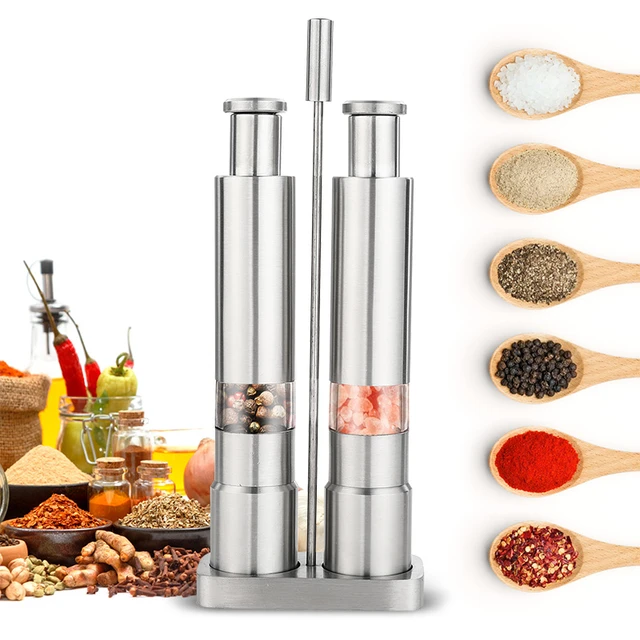 Electric Salt and Pepper Grinder Set-Battery Operated Stainless Steel Mill  (2)with led light -Automatic one-handed operation shaker - Acacia Wood base