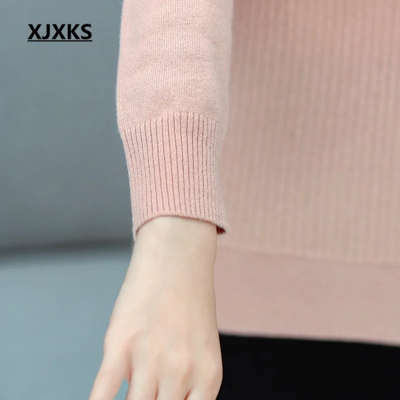 XJXKS All-match exquisite diamond women sweater autumn winter new plus size wool knitted sweater women pullover