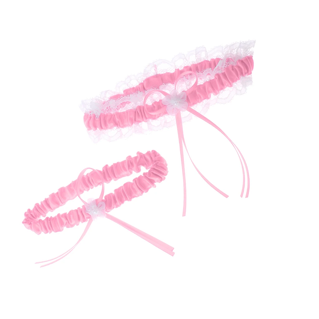 2Pcs Rustic Bridal Wedding Garter Floral Stretch Bridal Lace Satin Bowknot Thigh Ring Soft Socks Hen Party Lace Pearls Garter