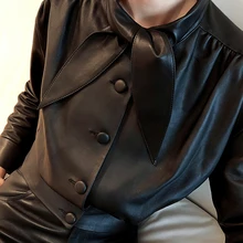 Европейский стиль, осенне-зимняя кожаная куртка, кожаная рубашка, воротник с заячьими ушками, Slimy, женские блузки, уличная одежда из искусственной кожи A321