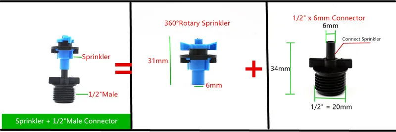 Роторный спринклер 360 градусов с винтовым коннектором 1/2 дюйма капельный полив