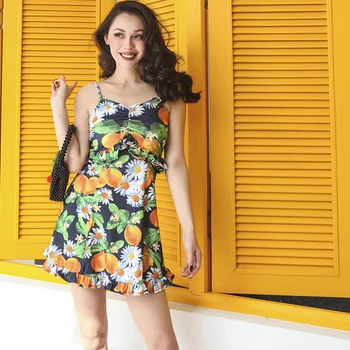 

2019 Summer Feels Refreshingly Mango with Daisy Print Spaghetti Strap Empire Mini Sexy Holiday High Street Elastic Dresses