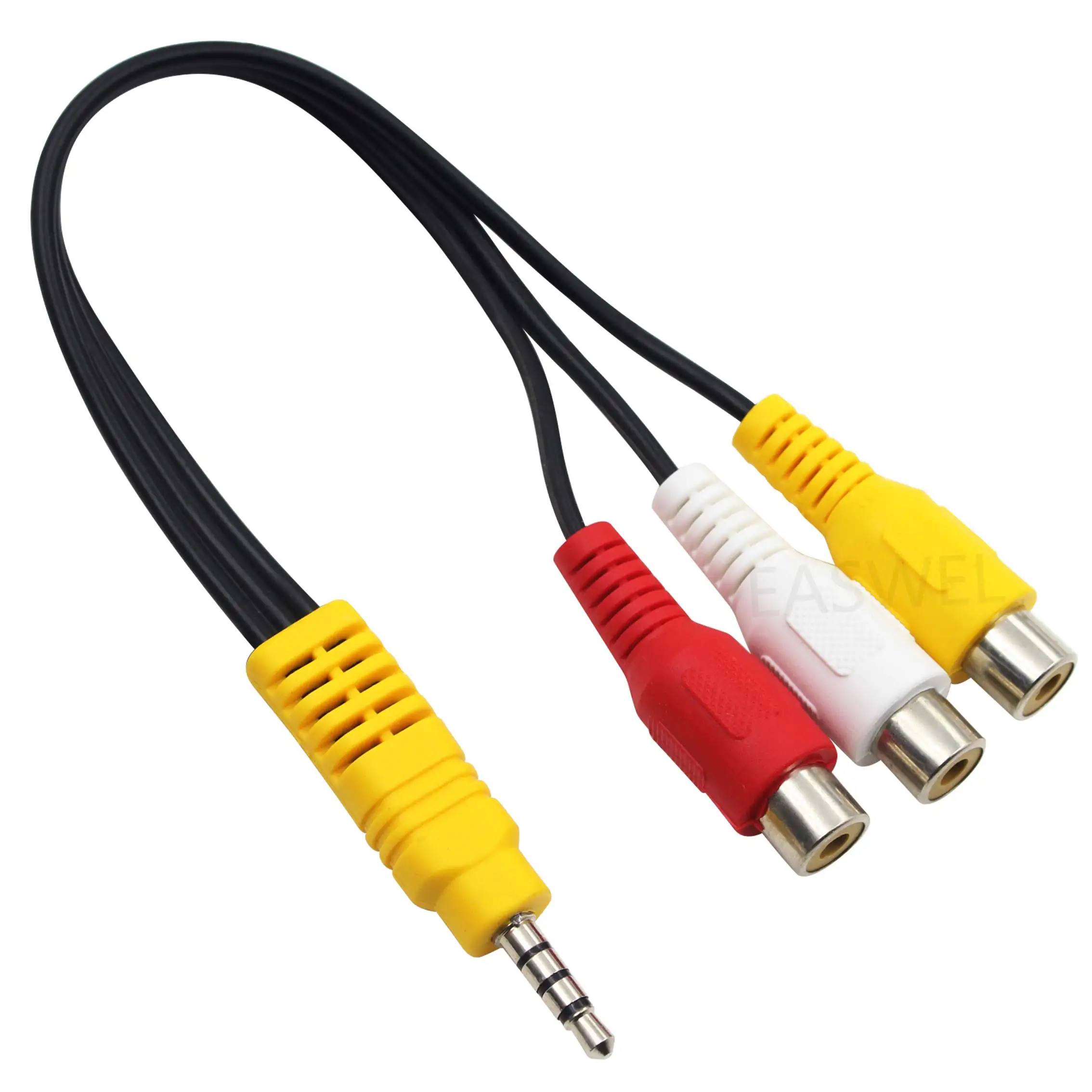 Fiche mâle à 4 pôles vers 3 RCA (rouge/jaune/blanc), câble Jack