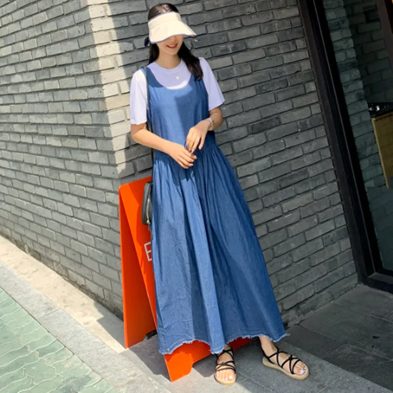 Новая мода S-XL платья для женщин длинное платье до середины икры с карманами без рукавов весна осень деним синий