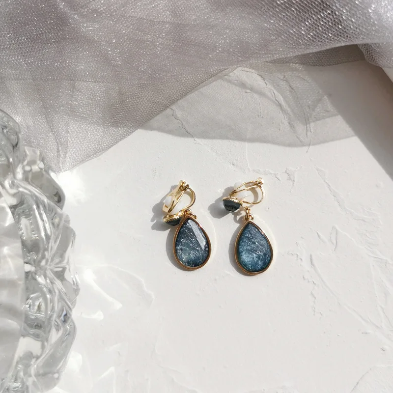Women Ear Clip Earrings Japanese Simple Temperament Blue Crystal Stone Geometry Water Drop No Piercing Korean Gift