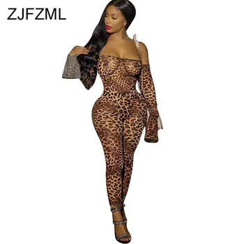 

Off Shoulder Leopard Sexy Jumpsuit Women Backless Slash Neck Bodycon Plus Size Rompers Autumn Long Sleeve Full Length Overalls