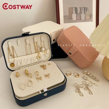 

COSTWAY Rectangle Jewelry Box with Portable Organizer Ring Stud Earrings Jewelry Storage Box With Mirror Faux Leather Box W0623