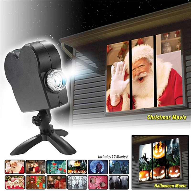 Рождество Хэллоуин лазерный проектор 12 фильмов мини окно домашний кинотеатр проектор Крытый Открытый Wonderland проектор для детей