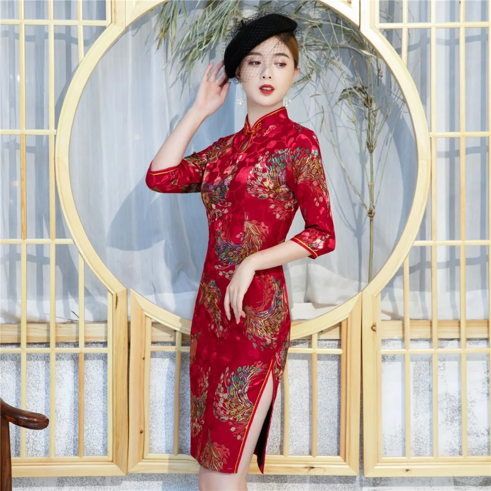 Shanghai Story 2019 осень зима Cheongsam 3/4 рукав до колена вельветовое китайское платье Ципао